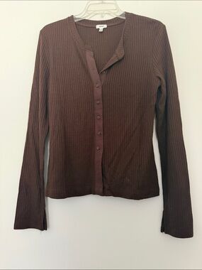 aerie Chocolate Brown Ribbed Button-Front Long Sleeve Top
